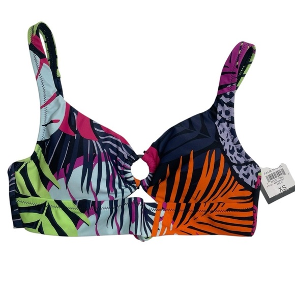 Bar III Palm Prowl O-Ring Bikini Top Black Animal Leaf Print XS New - Picture 1 of 5
